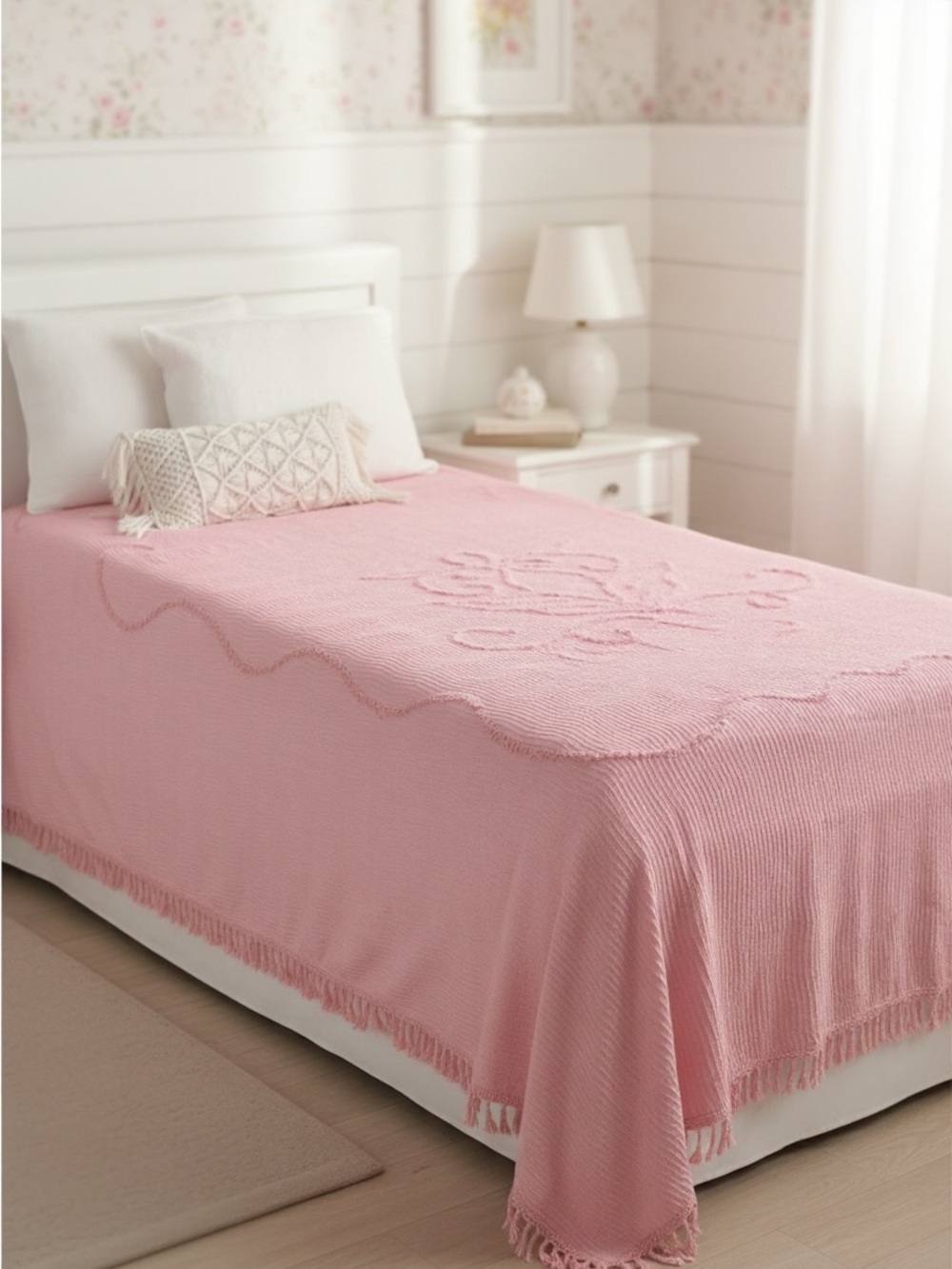 Vintage 60’s Floral Scroll Chenille Bedspread in Candy Pink | Size Twin